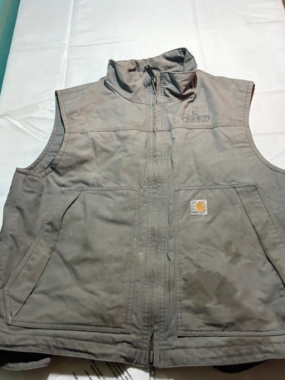 Carhartt Vest Mens L Gray Canvas Work Vest Full Zip Fisher Construction Logo